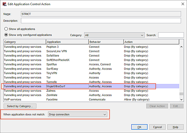 Captura de pantalla de la Acción de Application Control ESTRICTO configurada, con la acción de no coincidencia establecida en Descartar